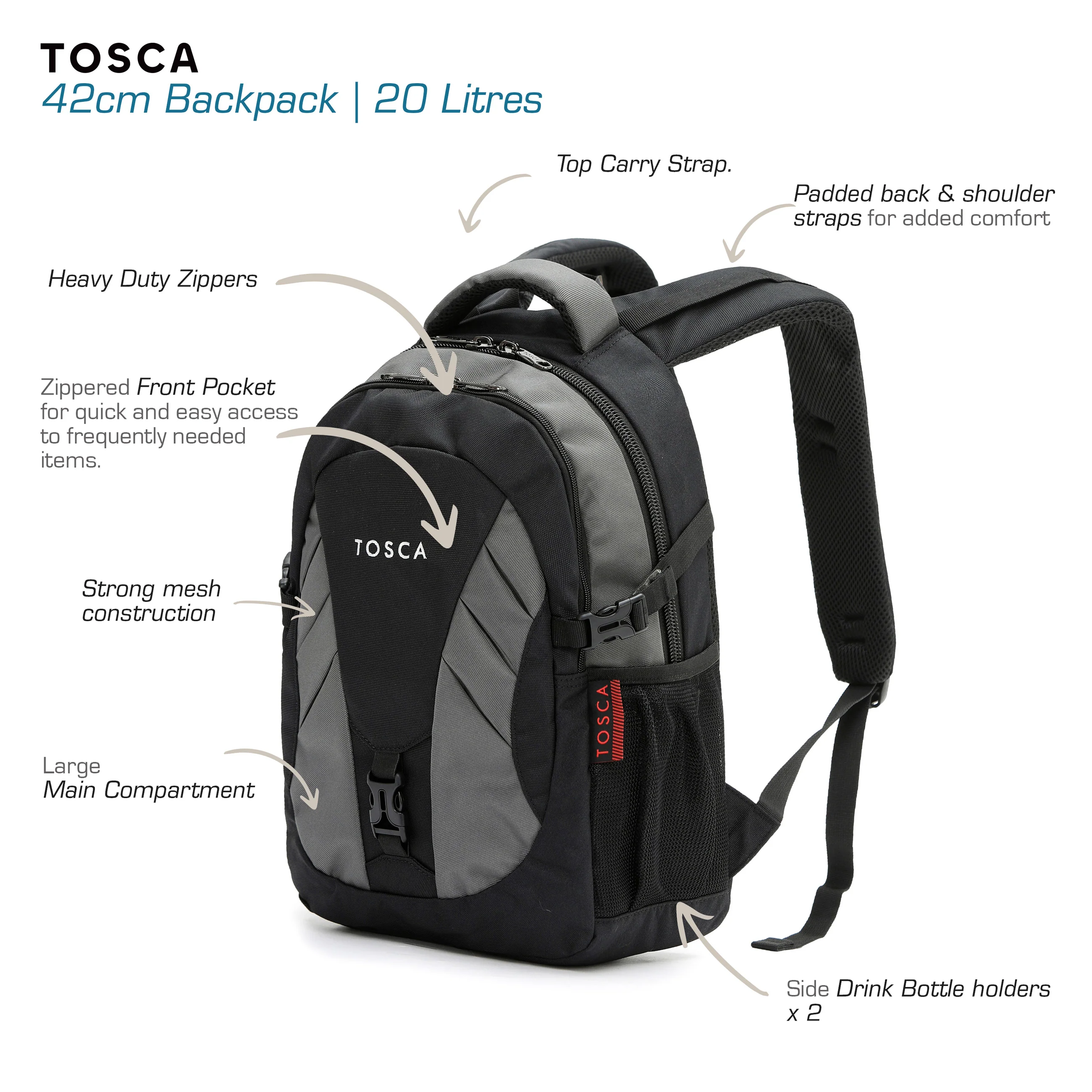 42cm Casual Backpack - Black/Grey - Image 4