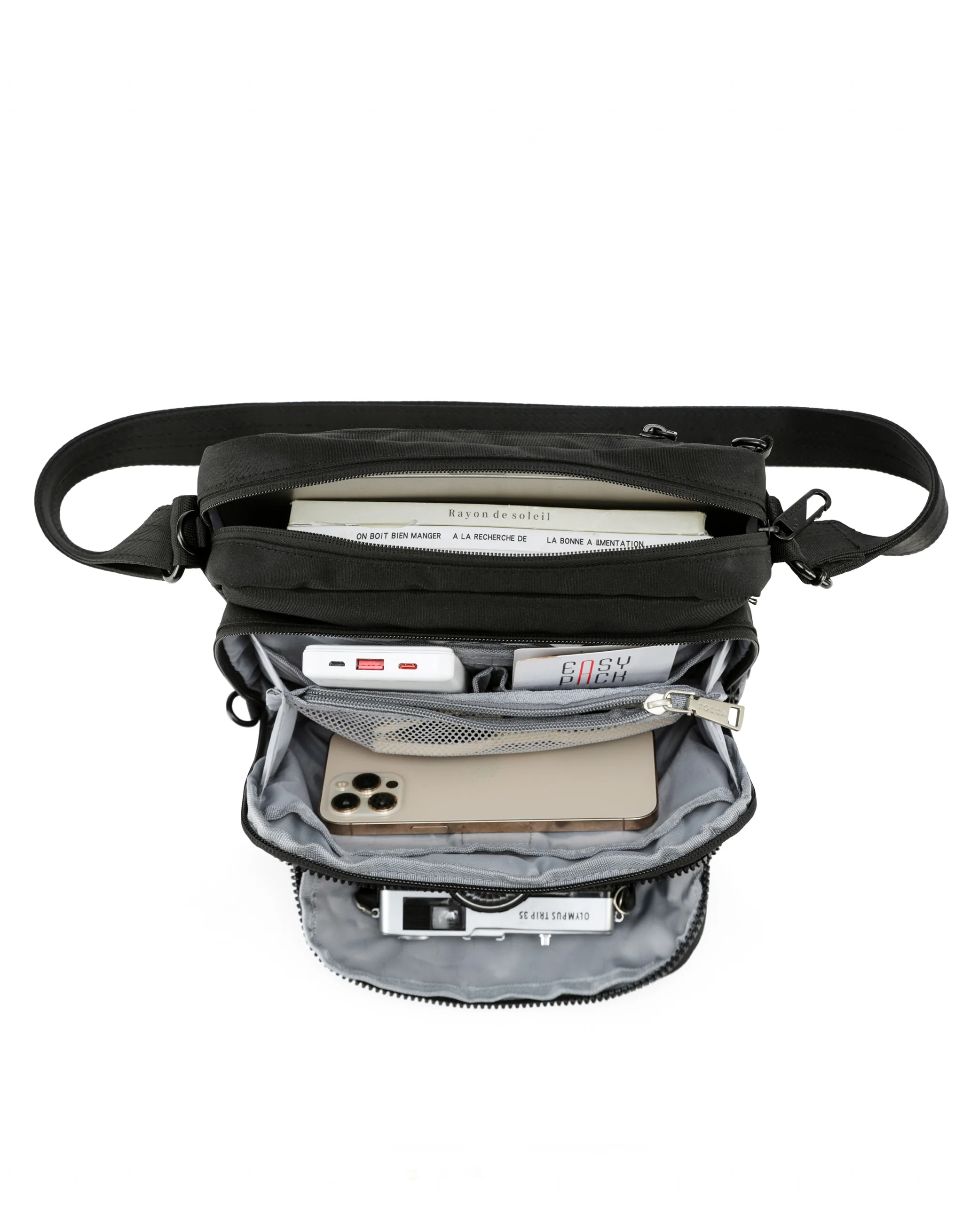 Anti-Theft Shoulder Bag with Triple Front Pockets - Black - Image 3
