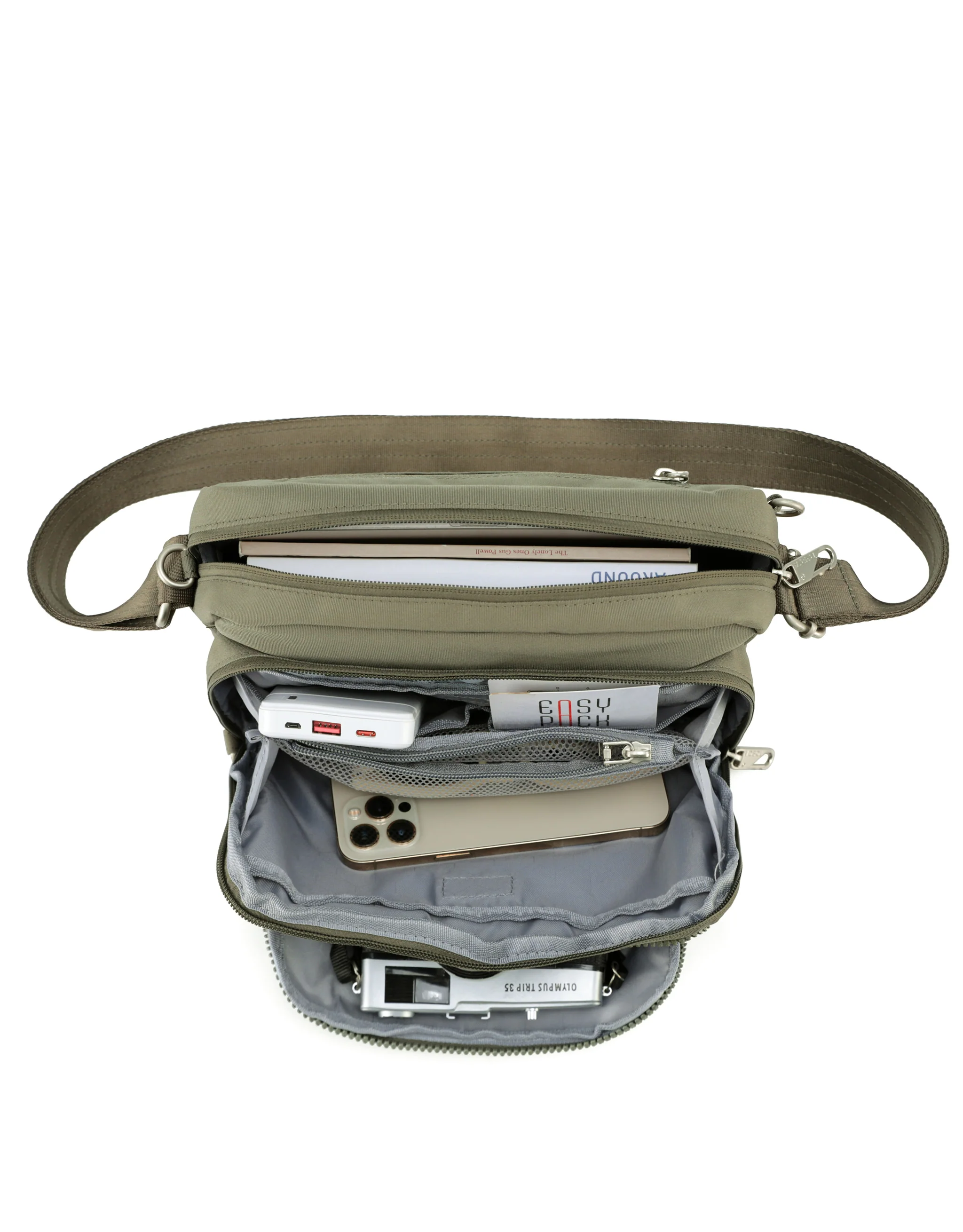Anti-Theft Shoulder Bag with Triple Front Pockets - Khaki - Image 3