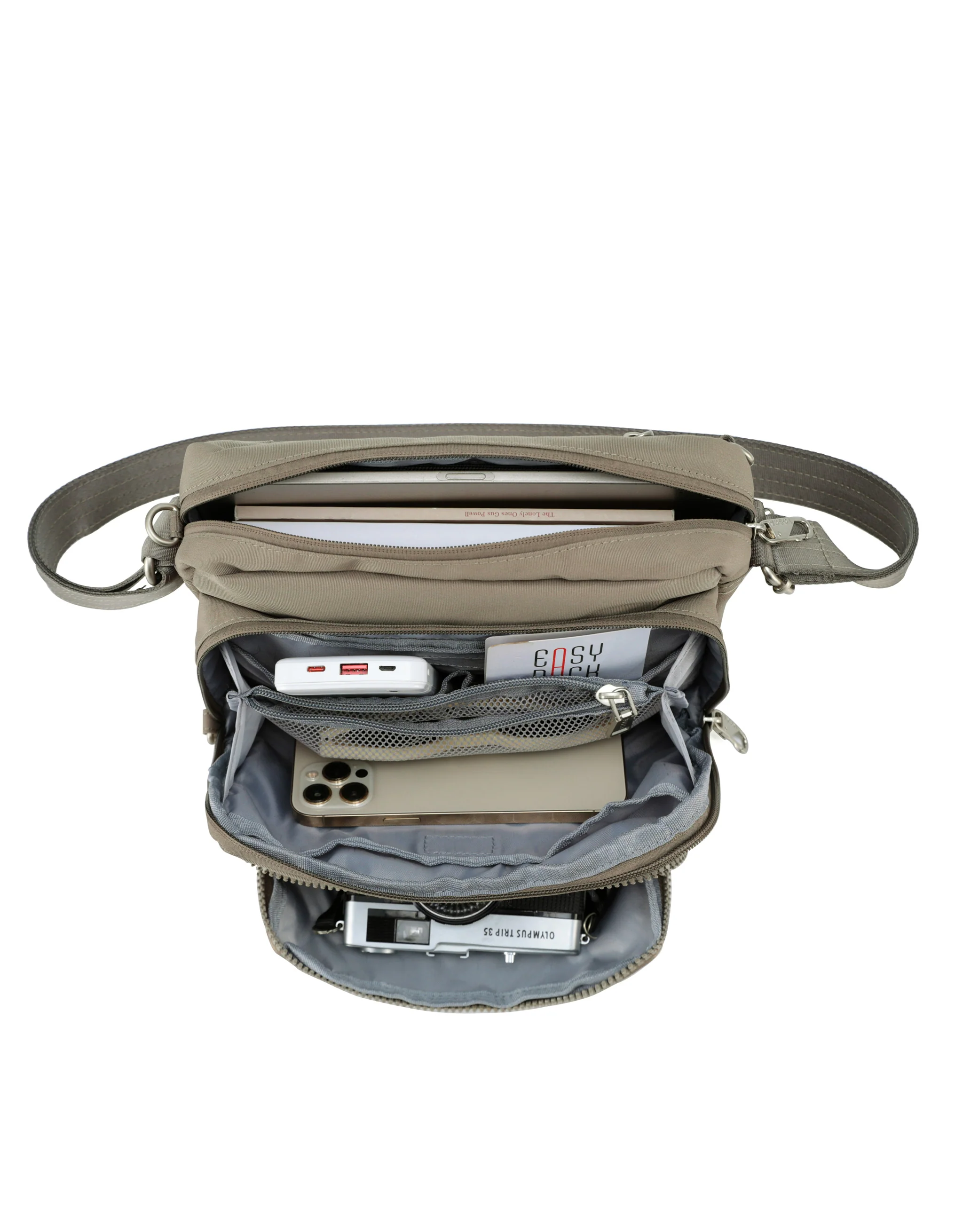 Anti-Theft Shoulder Bag with Triple Front Pockets - Taupe - Image 3
