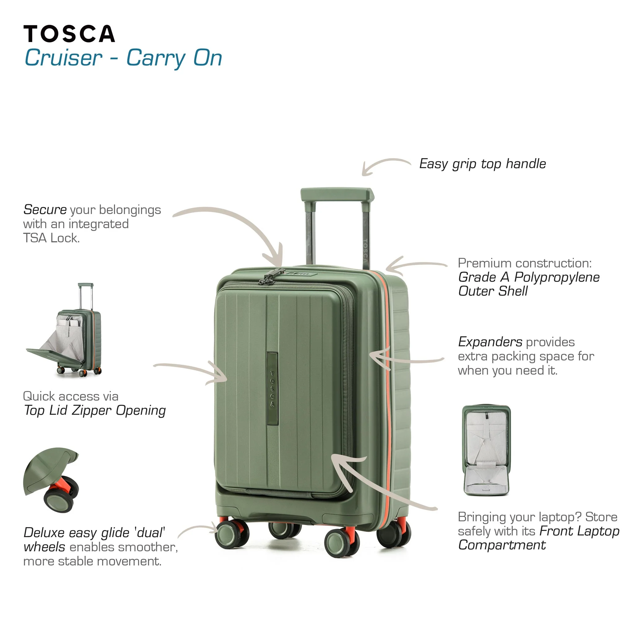 Cruiser 53cm Small Front Opening Hard Suitcase Carry On - Khaki - Image 4