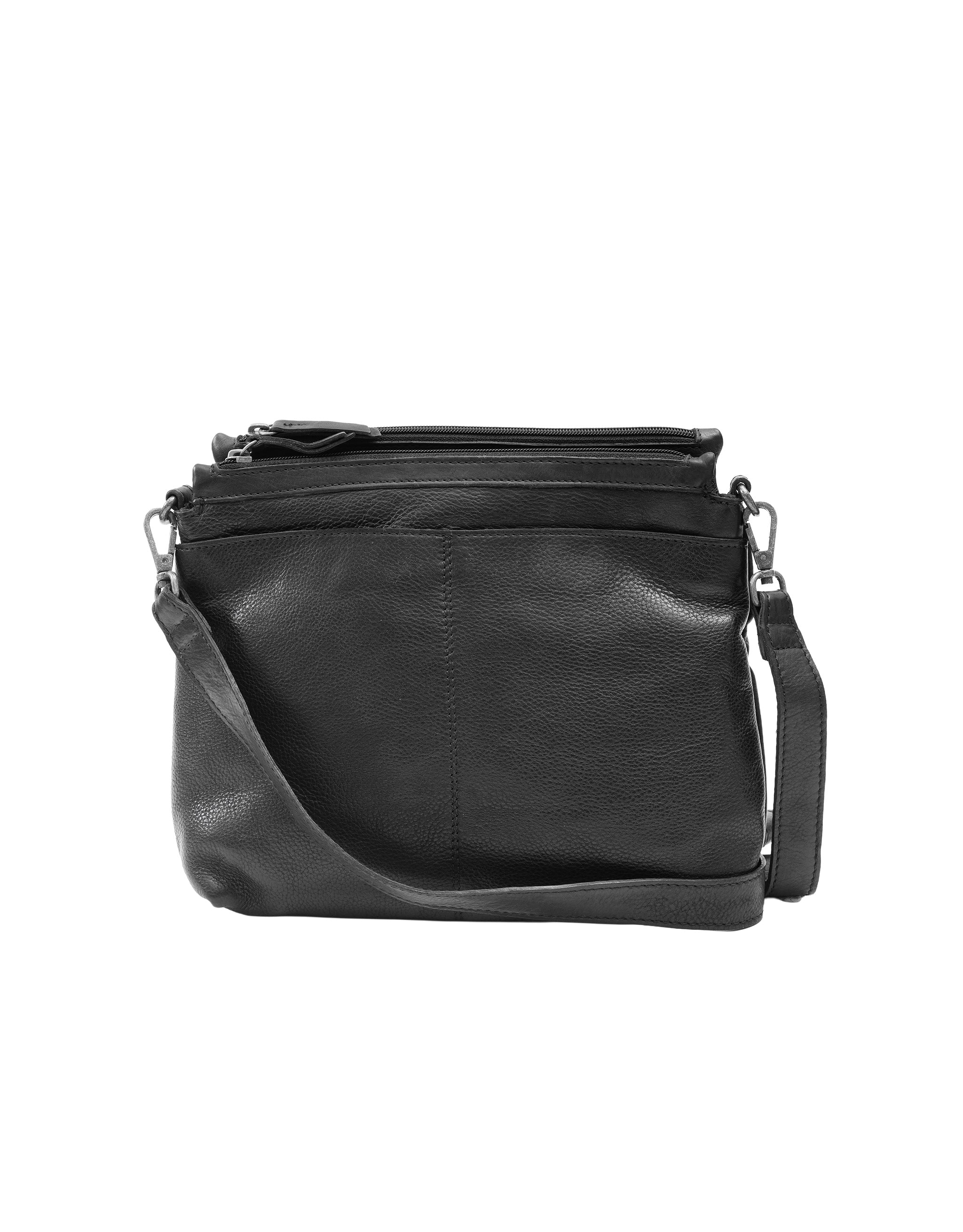 Leather Multi Zip Compartment Cross Body Bag - Black - Image 3