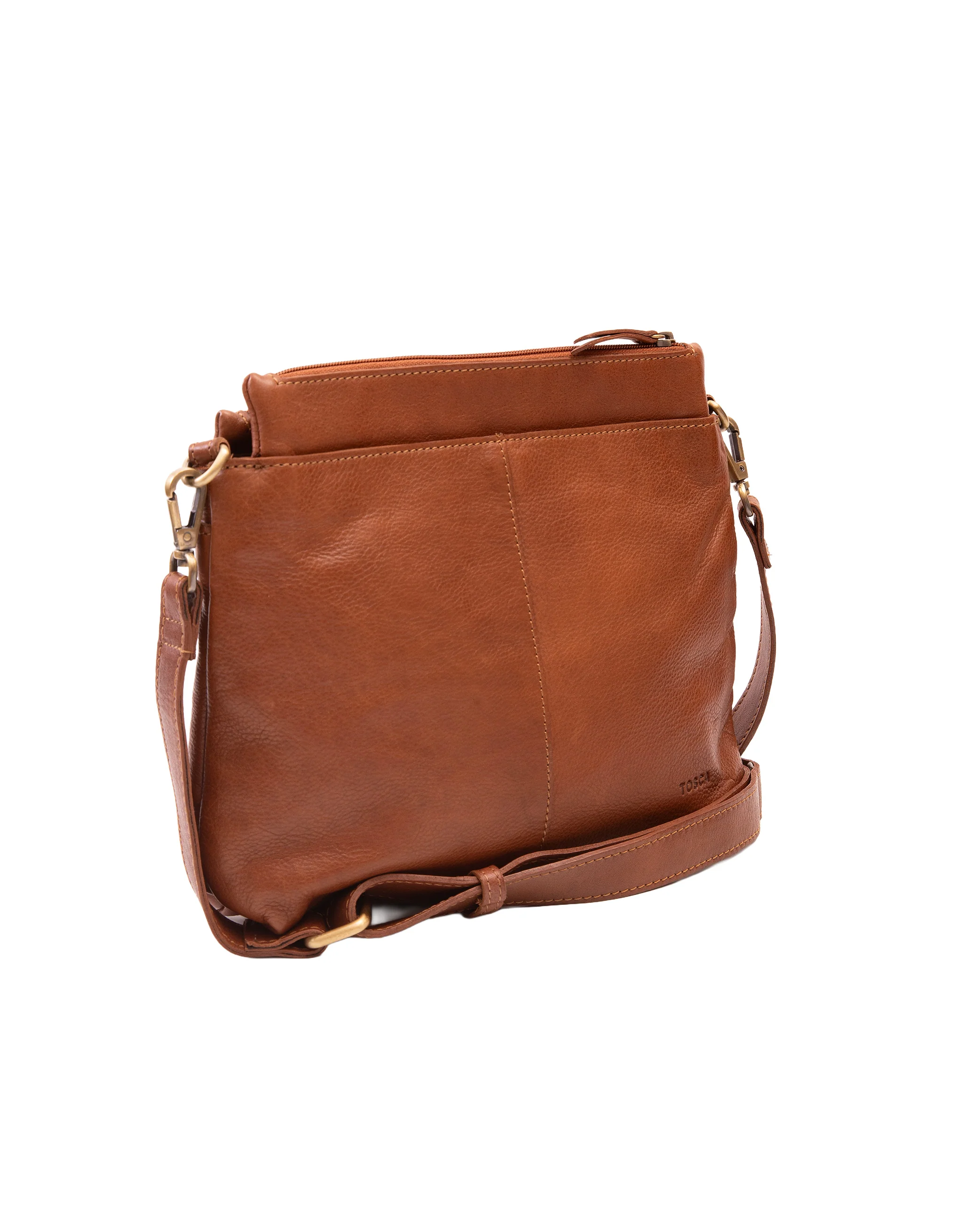 Leather Multi Zip Compartment Cross Body Bag - Tan - Image 3