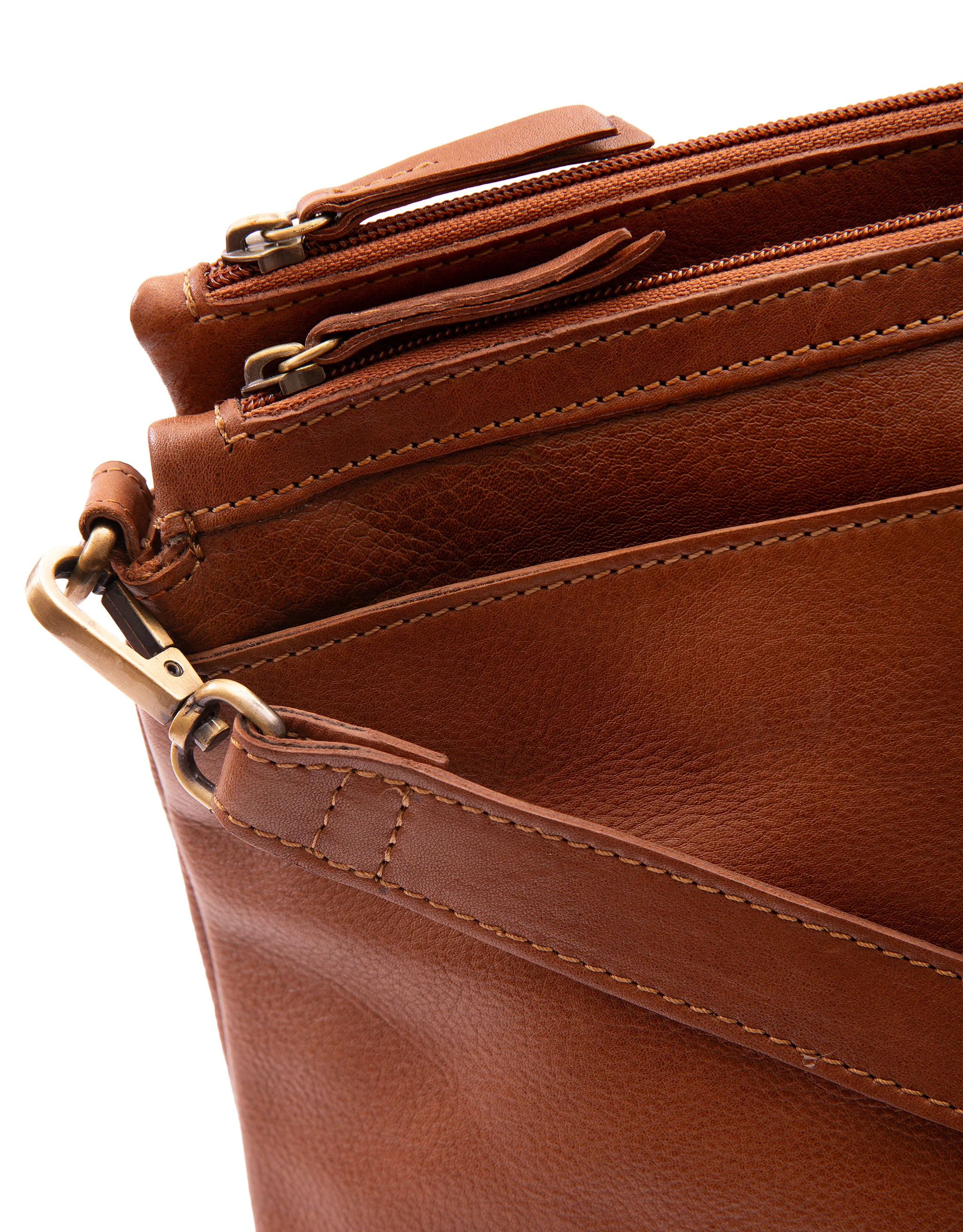 Leather Multi Zip Compartment Cross Body Bag - Tan - Image 5