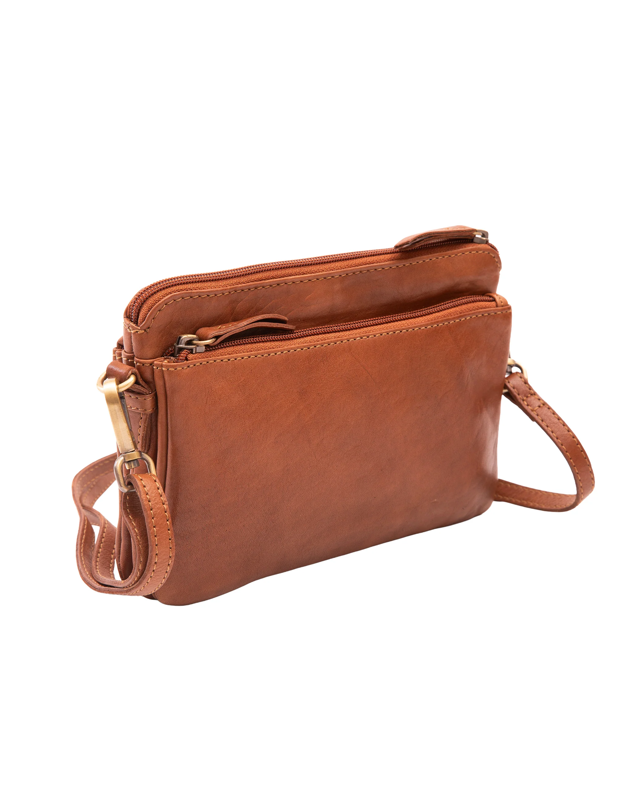 Small Leather Multi Zip Compartment Cross Body Bag - Tan - Image 4