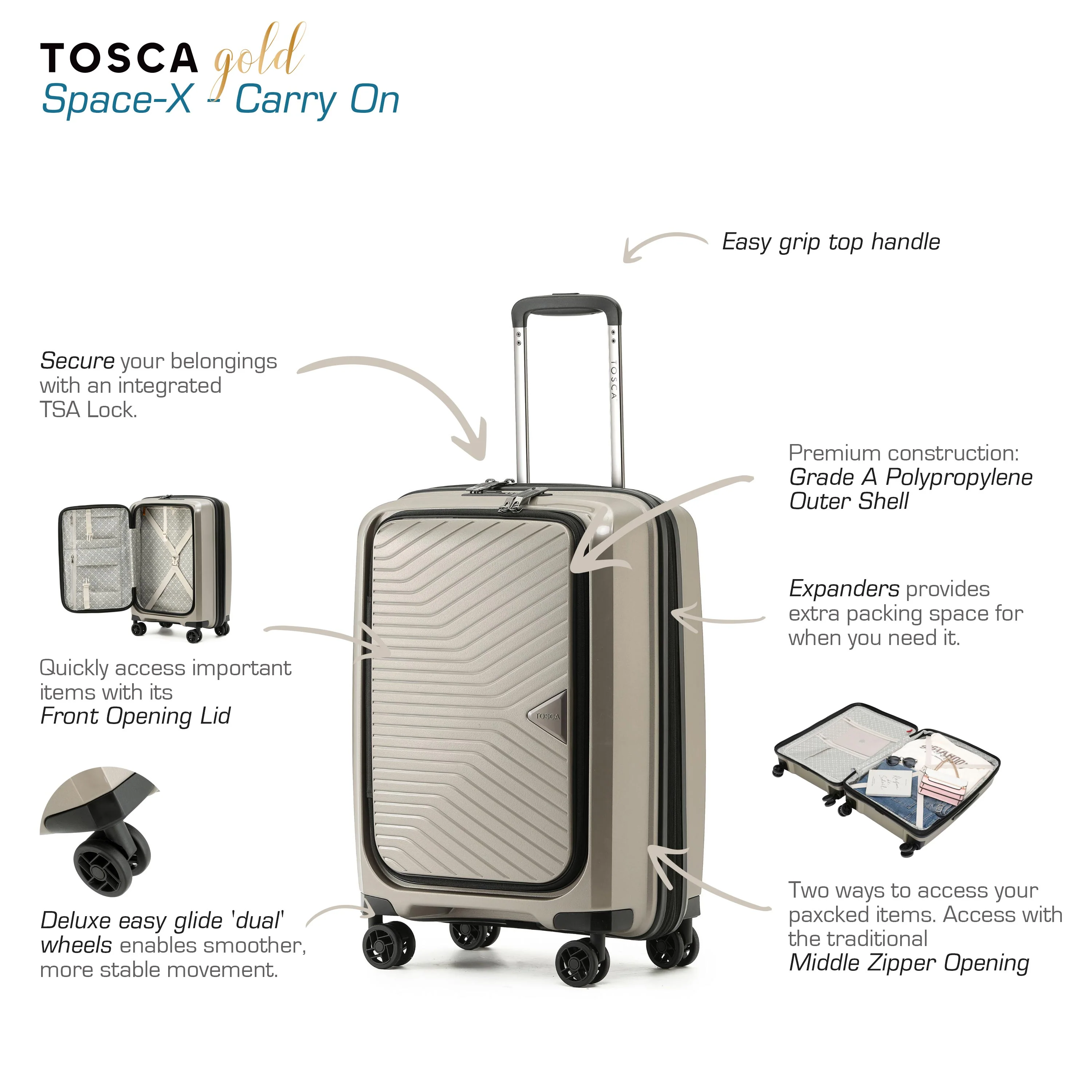 Space-X 55cm Small Dual Opening Hard Suitcase Carry On - Champagne - Image 3
