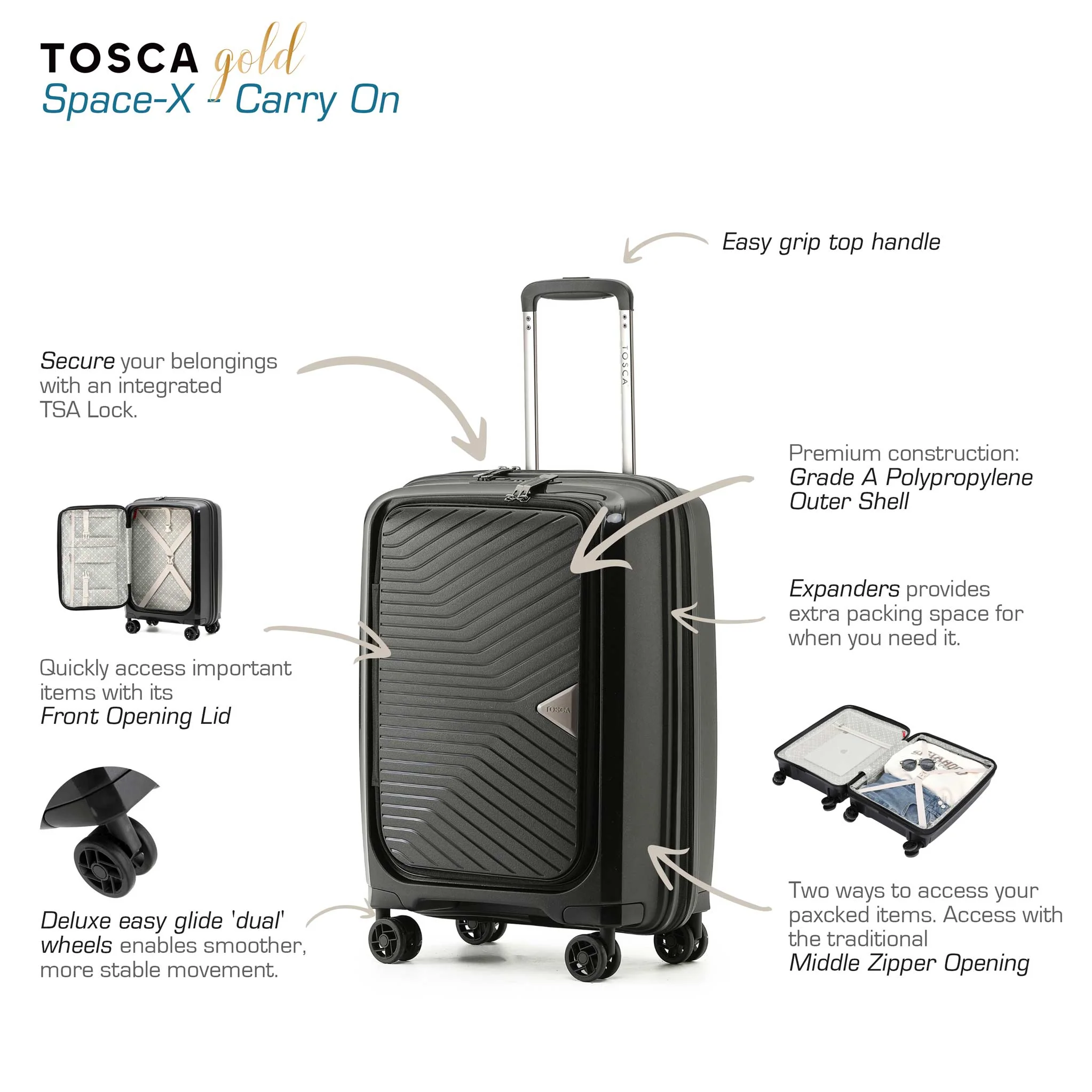 Space-X Dual Opening Hard Suitcase 3 Piece Set - Black - Image 9