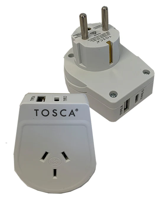 Travel Adapter USB A+C Ports for Europe & Bali - White