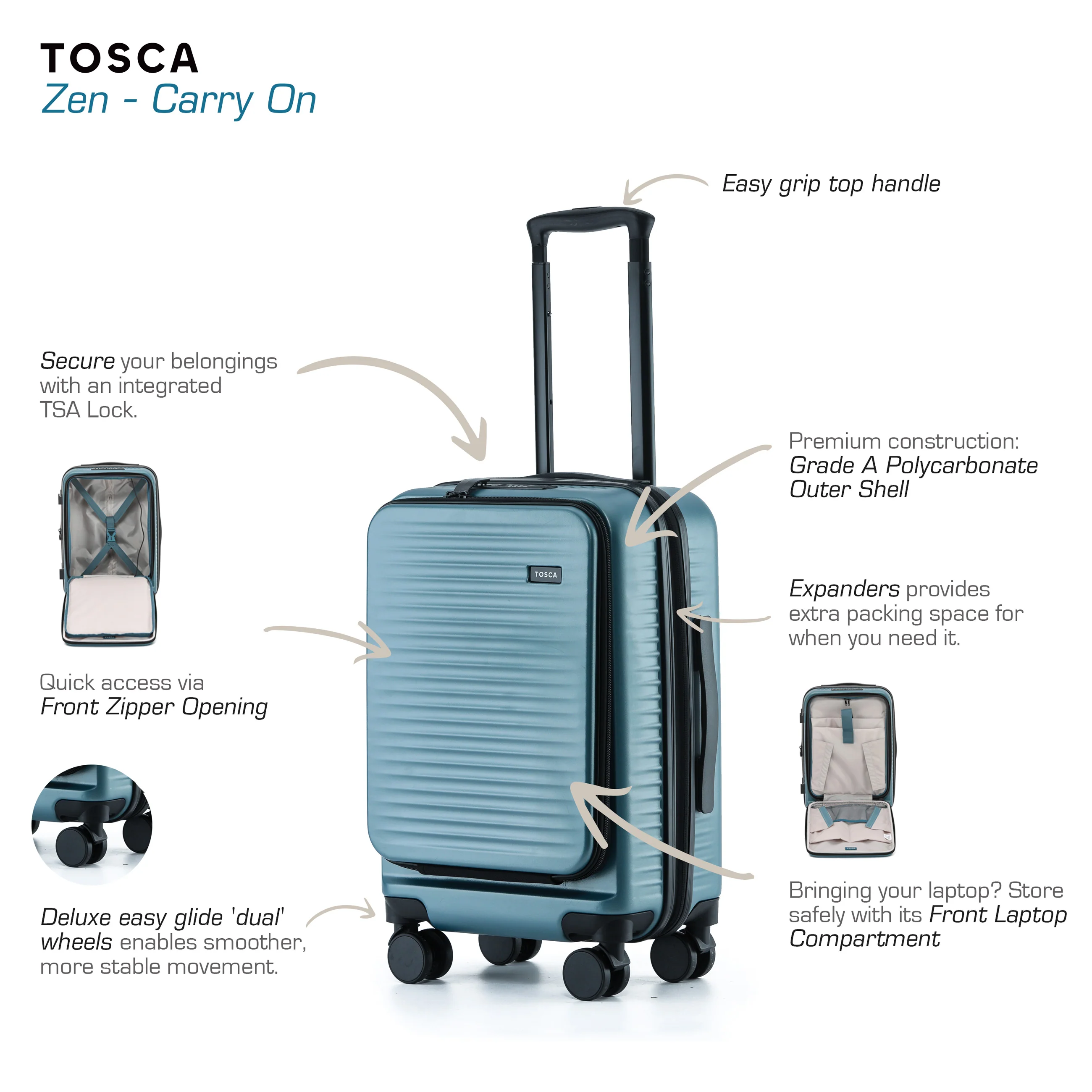 Zen 53cm Small Front Opening Hard Suitcase Carry On - Slate - Image 5